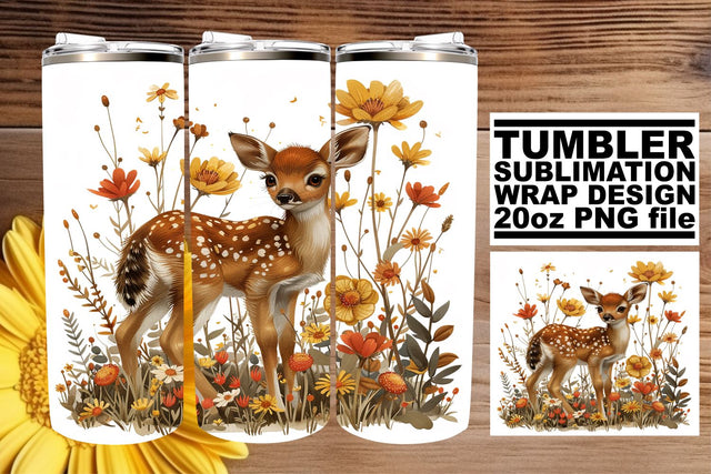 Adorable Deer & Flower Tumbler Wrap 20oz Watercolor Design Sublimation afrosvg 