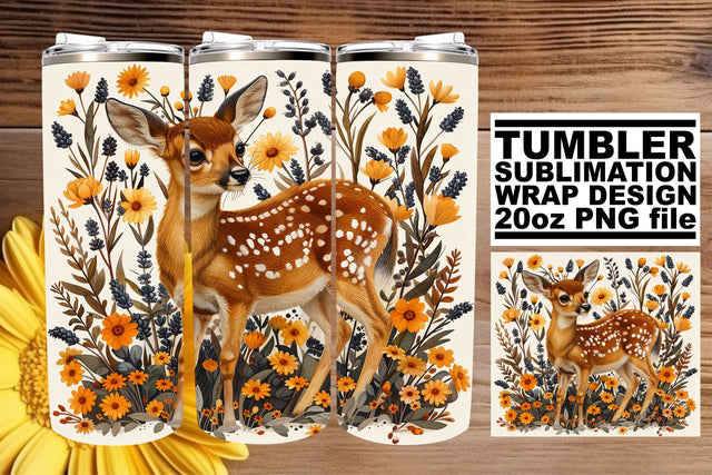 Adorable Deer with Floral Design Tumbler Wrap 20oz Sublimation Print Sublimation afrosvg 