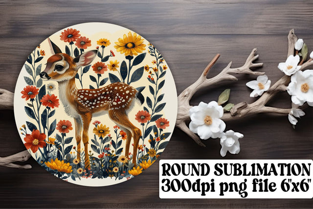 Adorable Deer with Floral Keychain Round Design Watercolor Sublimation afrosvg 