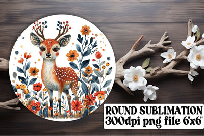 Adorable Deer with Flowers Keychain Round Design Sublimation Sublimation afrosvg 