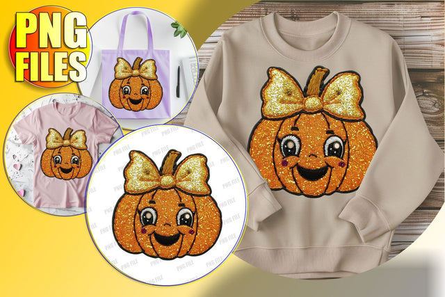 Adorable Fall Pumpkin with Bow Embroidery Style PNG Sublimation afrosvg 