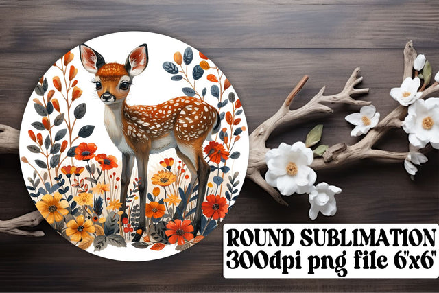 Adorable Floral Deer Keychain Sublimation Round Design Watercolor Sublimation afrosvg 