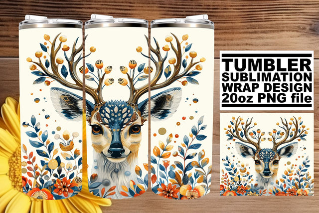 Adorable Floral Deer Tumbler Wrap Sublimation 20oz Watercolor Design Sublimation afrosvg 