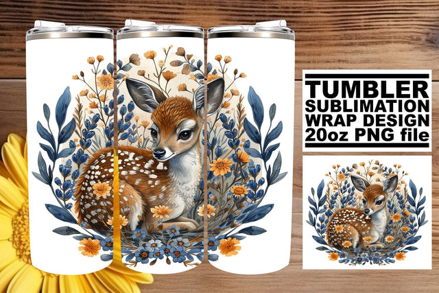 Adorable Floral Deer Tumbler Wrap Sublimation 20oz Watercolor Design Sublimation afrosvg 