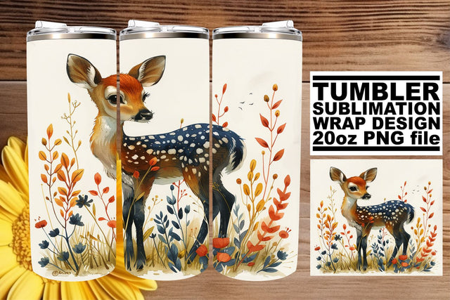 Adorable Floral Deer Tumbler Wrap Sublimation 20oz Watercolor Sublimation afrosvg 