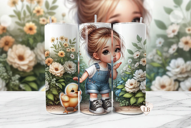 Adorable Girl & Baby Chicken Seamless Tumbler Wrap PNG Sublimation BijouBay 