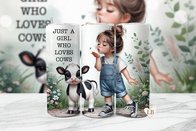 Adorable Girl & Baby Cow Seamless Tumbler Wrap PNG Sublimation BijouBay 