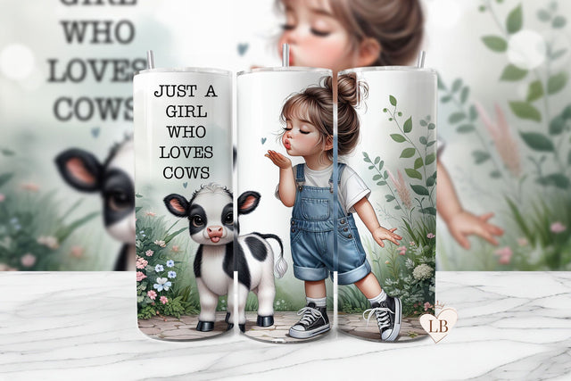Adorable Girl & Baby Cow Seamless Tumbler Wrap PNG Sublimation BijouBay 