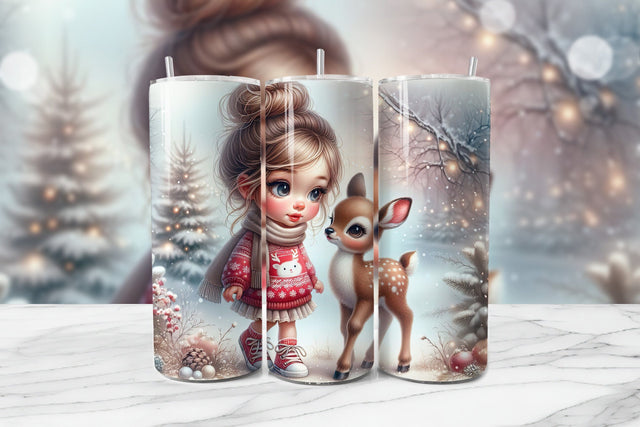 Adorable Girl & Baby Deer Seamless Tumbler Wrap PNG Sublimation BijouBay 