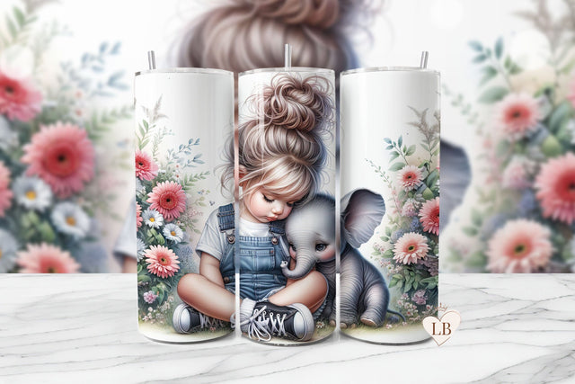 Adorable Girl & Baby Elephant Seamless Tumbler Wrap PNG Sublimation BijouBay 