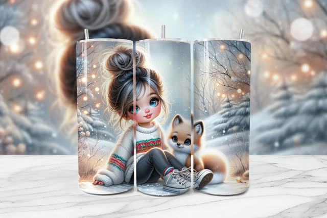 Adorable Girl & Baby Fox Seamless Tumbler Wrap PNG Sublimation BijouBay 