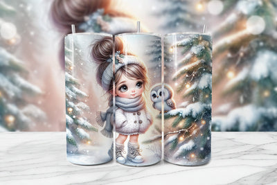 Adorable Girl & Baby Owl Seamless Tumbler Wrap PNG Sublimation BijouBay 