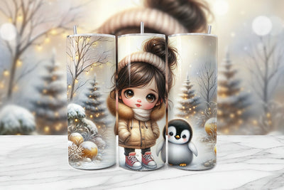 Adorable Girl & Baby Penguin Seamless Tumbler Wrap PNG Sublimation BijouBay 