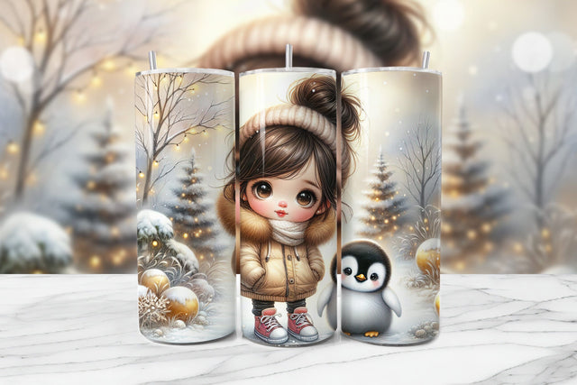 Adorable Girl & Baby Penguin Seamless Tumbler Wrap PNG Sublimation BijouBay 