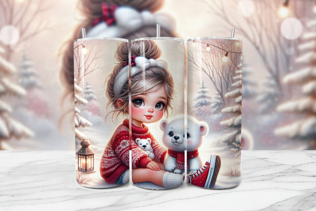 Adorable Girl & Baby Polar Bear Seamless Tumbler Wrap PNG Sublimation BijouBay 