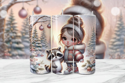 Adorable Girl & Baby Racoon Seamless Tumbler Wrap PNG Sublimation BijouBay 