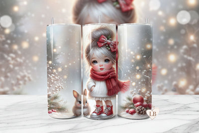Adorable Girl & Bunny Christmas Seamless Tumbler Wrap PNG Sublimation BijouBay 