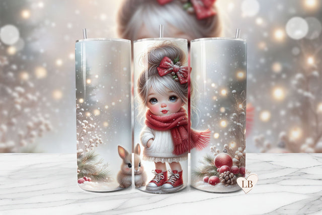 Adorable Girl & Bunny Christmas Seamless Tumbler Wrap PNG Sublimation BijouBay 
