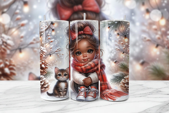 Adorable Girl & Kitten Christmas Seamless Tumbler Wrap PNG Sublimation BijouBay 