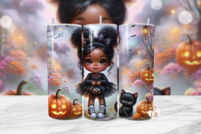 Adorable Girl & Kitten Halloween Seamless Tumbler Wrap PNG Sublimation BijouBay 
