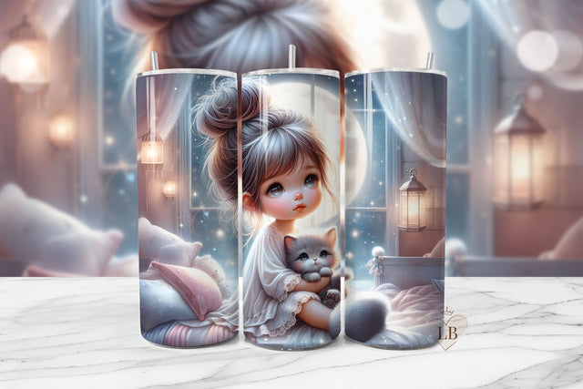 Adorable Girl & Kitten Tumbler Wrap PNG Sublimation BijouBay 