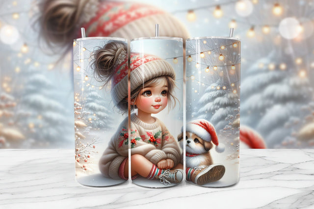 Adorable Girl & Puppy Christmas Seamless Tumbler Wrap PNG Sublimation BijouBay 