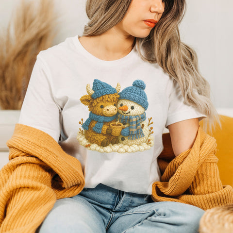 Adorable Highland Cow and Snowman Faux Yarn PNG | Winter Scene Sublimation PNG | Cute Christmas Clipart | Christmas Plush Style Clipart SVG HappyDesignStudio 