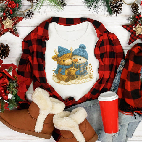 Adorable Highland Cow and Snowman Faux Yarn PNG | Winter Scene Sublimation PNG | Cute Christmas Clipart | Christmas Plush Style Clipart SVG HappyDesignStudio 