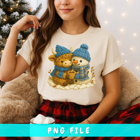 Adorable Highland Cow and Snowman Faux Yarn PNG | Winter Scene Sublimation PNG | Cute Christmas Clipart | Christmas Plush Style Clipart SVG HappyDesignStudio 