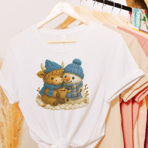 Adorable Highland Cow and Snowman Faux Yarn PNG | Winter Scene Sublimation PNG | Cute Christmas Clipart | Christmas Plush Style Clipart SVG HappyDesignStudio 