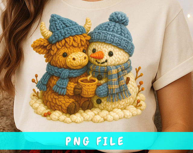 Adorable Highland Cow and Snowman Faux Yarn PNG | Winter Scene Sublimation PNG | Cute Christmas Clipart | Christmas Plush Style Clipart SVG HappyDesignStudio 