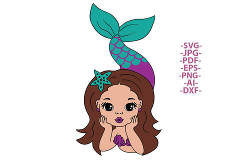Adorable Mermaid Girl Clipart SVG PNG Bundle for Cricut Projects and Sublimation with Brown Hair and Starfish Accessory SVG 1uniqueminute 