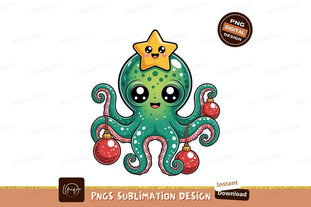 Adorable octopus wearing star and holding ornaments Sublimation Designangry 
