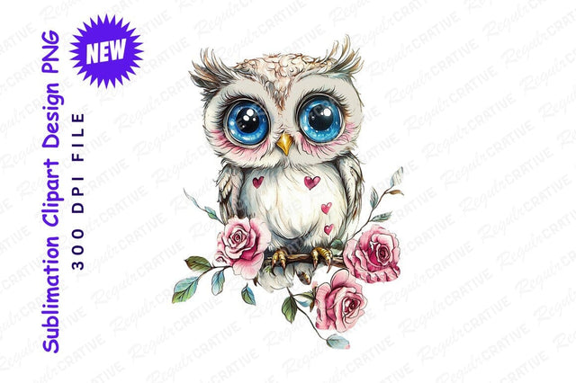 Adorable owl with roses clipart png Sublimation Regulrcrative 
