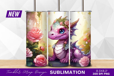 Adorable pink dragon with roses tumbler png Sublimation Regulrcrative 