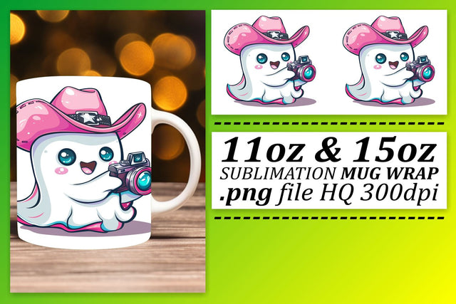 Adorable Pink Ghost Halloween Mug Wrap 11oz 15oz Sublimation Sublimation afrosvg 