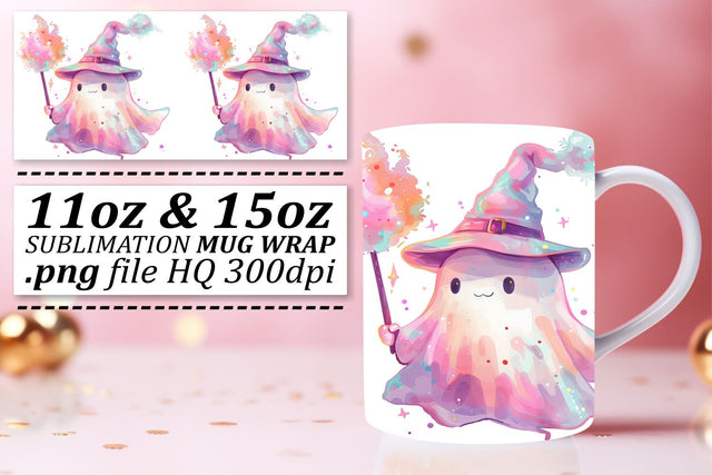 Adorable Pink Ghost Mug Wrap for Halloween 11oz 15oz Sublimation afrosvg 