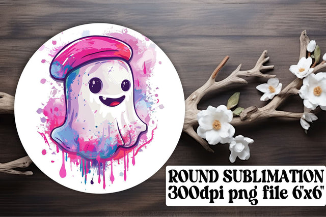 Adorable Pink Ghost Round Design for Halloween Keychain Sublimation afrosvg 