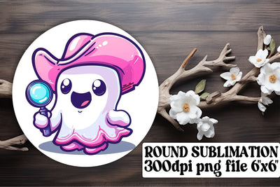 Adorable Pink Ghost Round Design for Halloween Keychain Sublimation Sublimation afrosvg 