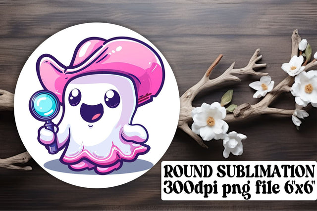 Adorable Pink Ghost Round Design for Halloween Keychain Sublimation Sublimation afrosvg 