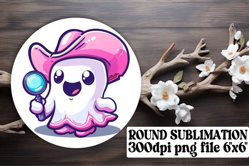 Adorable Pink Ghost Round Design for Halloween Keychain Sublimation Sublimation afrosvg 