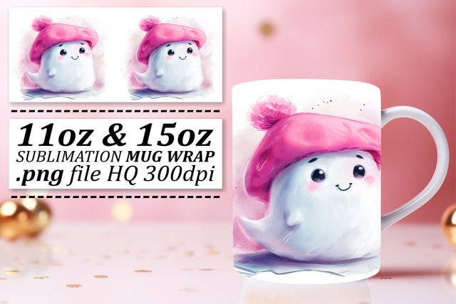 Adorable Pink Halloween Ghost Mug Wrap 11oz 15oz Sublimation Sublimation afrosvg 