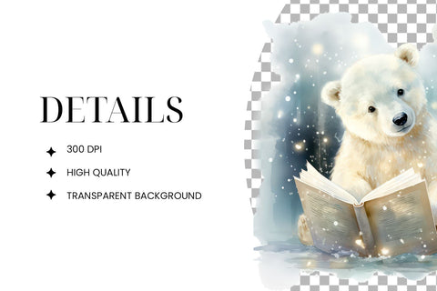 Adorable Polar Bear Reading Clipart Sublimation BijouBay 