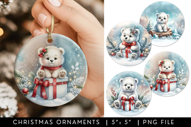 Adorable Polar Bear Round Christmas Ornament Sublimation PNG Sublimation BijouBay 