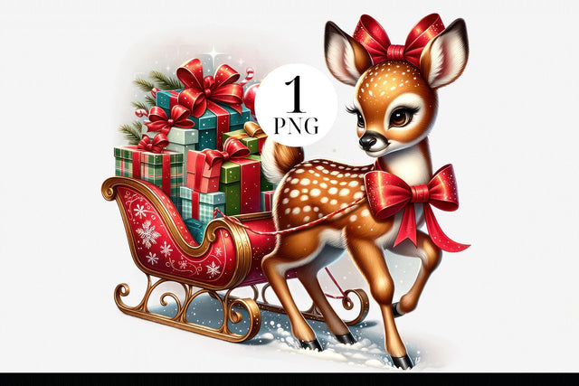 Adorable Santa Sleigh Fawn Clipart PNG Sublimation BijouBay 