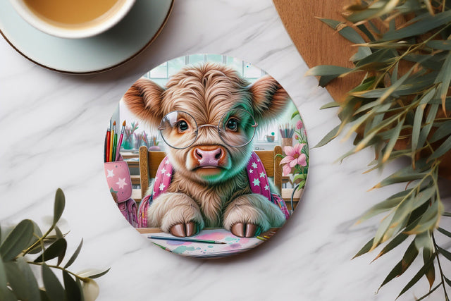 Adorable School Shaggy Cow Round Coaster Sublimation PNG Sublimation BijouBay 