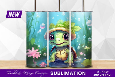 Adorable turtle with leaf hat tumbler png Sublimation Regulrcrative 
