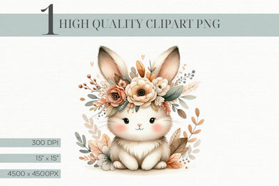 Adorable Watercolor Boho Bunny With Flower Crown Clipart PNG Sublimation BijouBay 