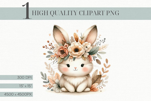 Adorable Watercolor Boho Bunny With Flower Crown Clipart PNG Sublimation BijouBay 
