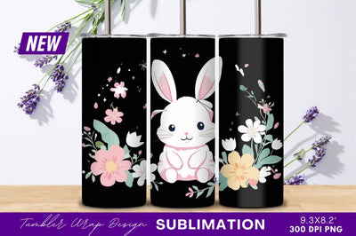 Adorable white bunny with flowers illustration tumbler png Sublimation Regulrcrative 
